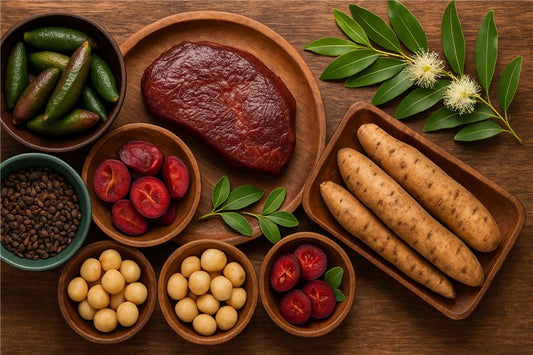 A spread of Australian bush tucker ingredients, beautifully displayed.