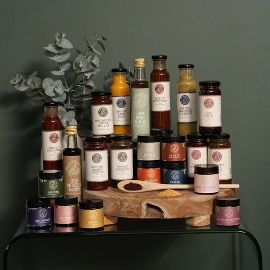 Australian gift guide featuring spice kits, miniature jams, and bush tucker hampers.