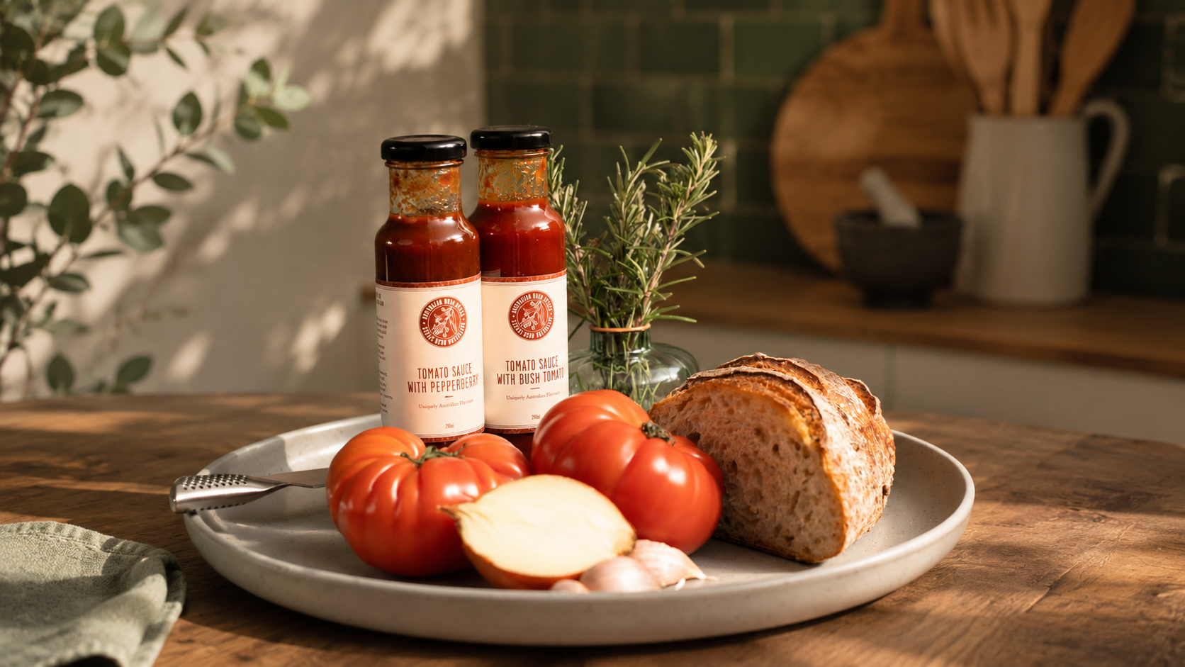 A bottle of premium Australian tomato sauce showcased elegantly.