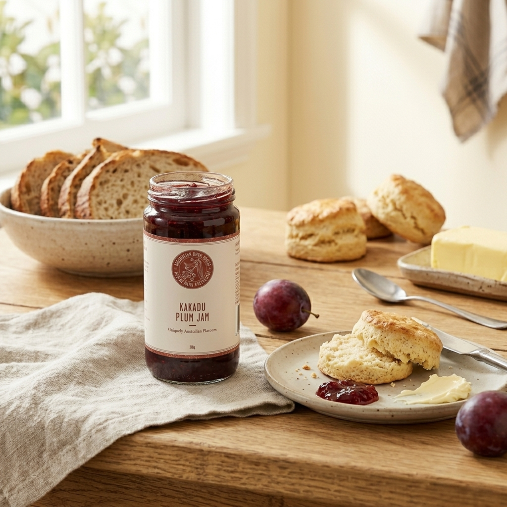Kakadu Plum Jam and Cranberry Chilli Relish products against a rustic backdrop.