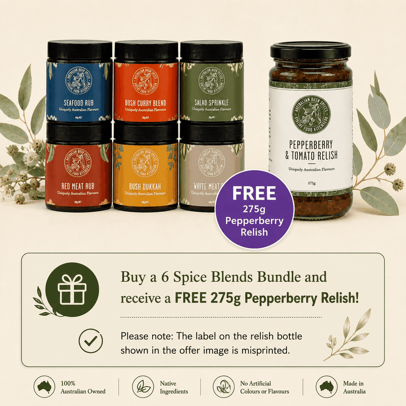 6 Spice Blends Bundle in recycled box with recipes showcasing authentic Australian flavors