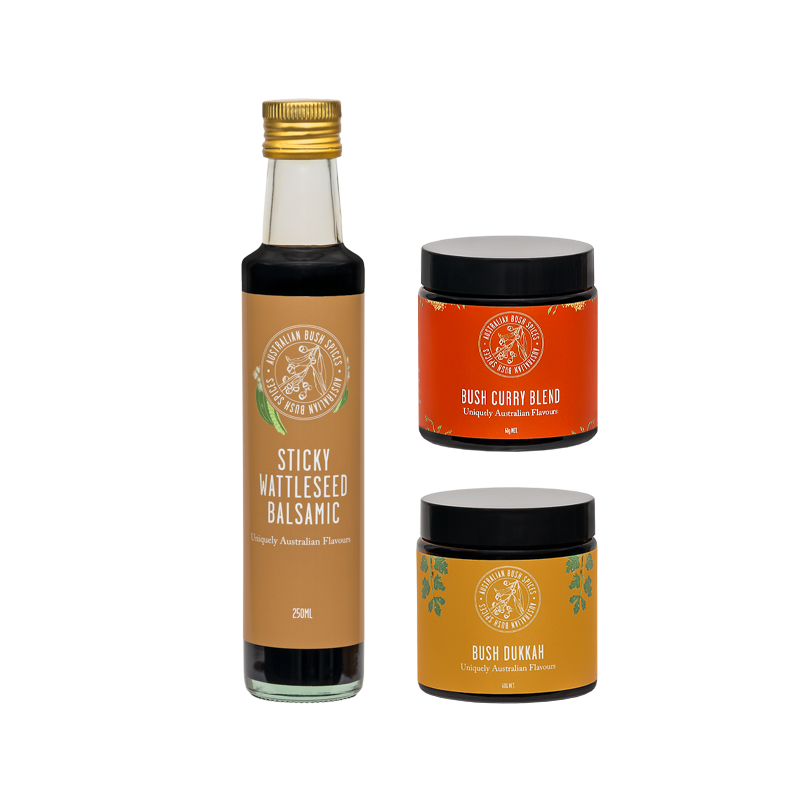 Balsamic & Spice Blend Bundle featuring Sticky Wattleseed Balsamic, Bush Dukkah, and Bush Curry Spice Blends.