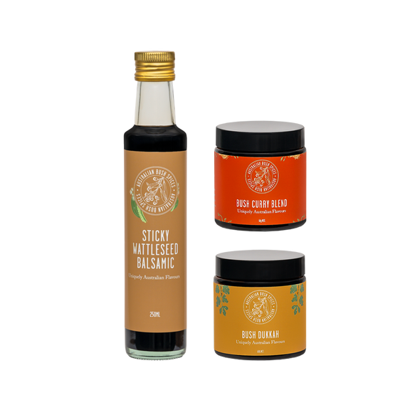 Balsamic & Spice Blend Bundle featuring Sticky Wattleseed Balsamic, Bush Dukkah, and Bush Curry Spice Blends.