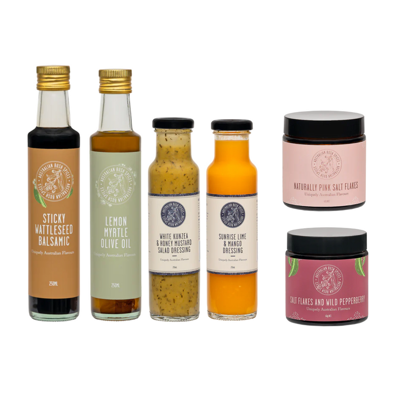 Outback Bush Mega Pack featuring Australian gourmet dressings, oils, and salts.