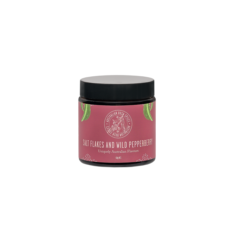 Natural Pink Salt Flakes blended with Pepperberry from Australia.