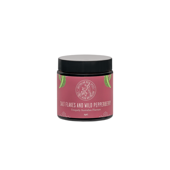 Natural Pink Salt Flakes blended with Pepperberry from Australia.